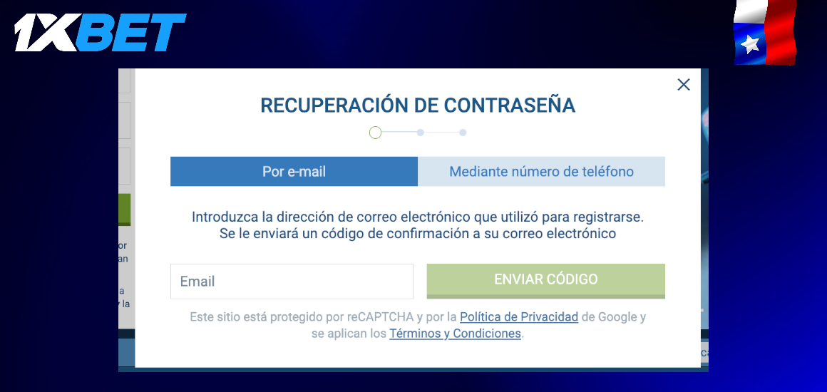 Recuperacion de contrasena en el sitio web de 1xBet